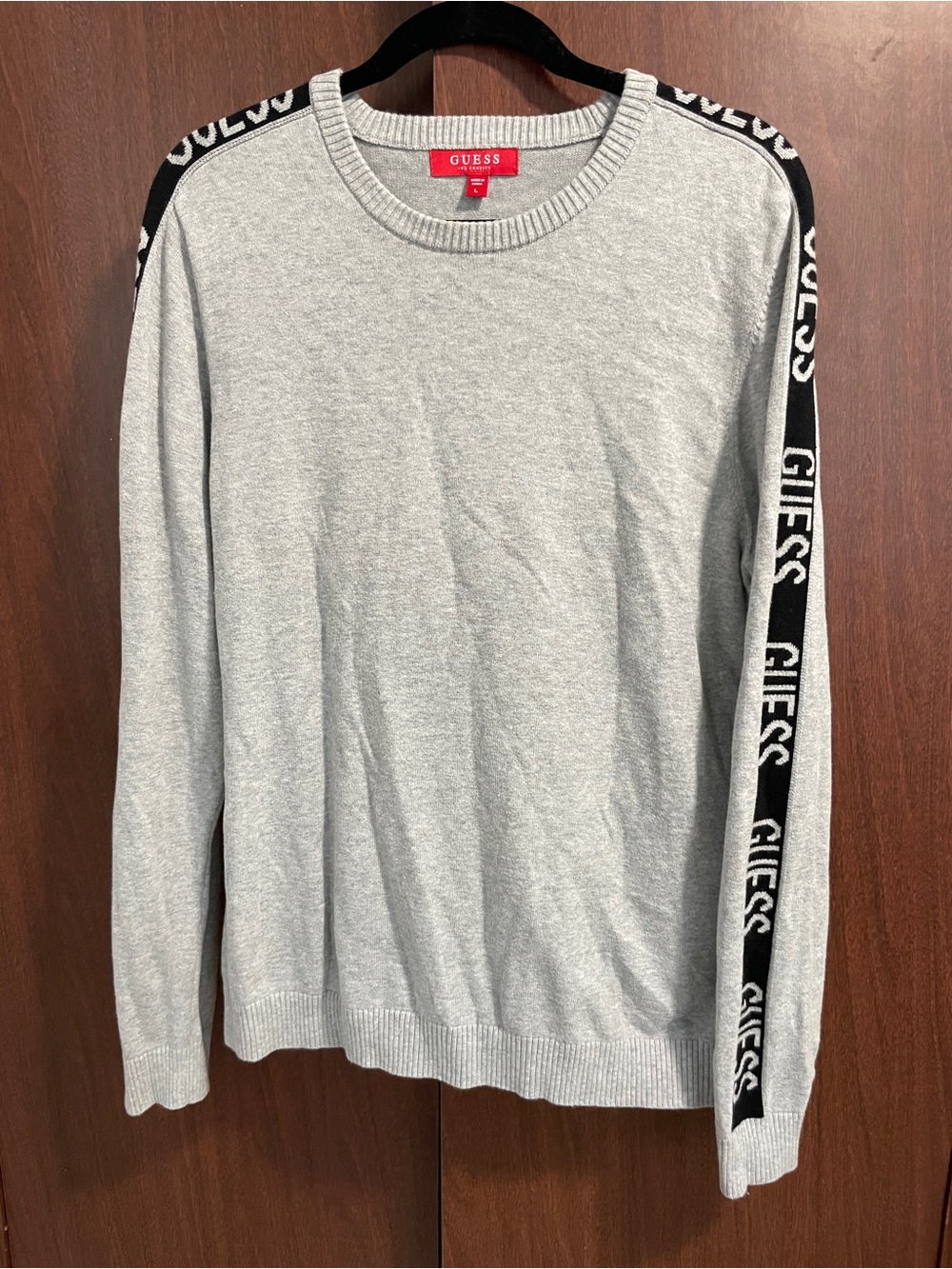 GUESS Light Gray Crewneck Sweater with Black Logo Sleeve Tape